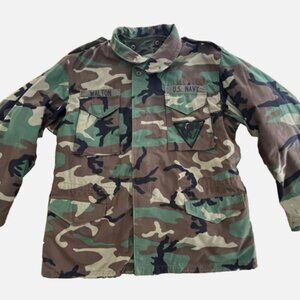 Vtg US Navy Military Field Coat Mens XL Long Woodland Camo + Liner Cold Weather